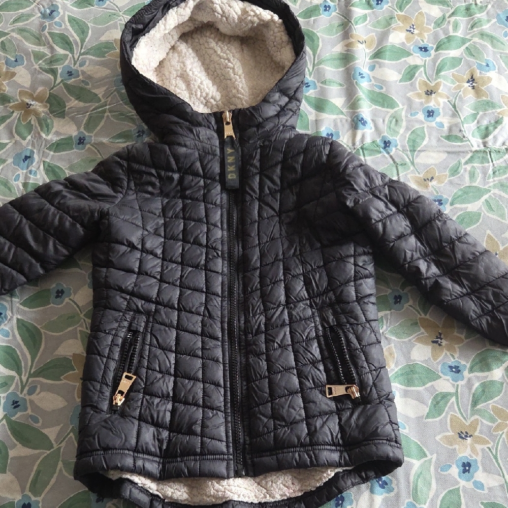 DKNY 2T Charcoal Quilted Kids Puffer Jacket with Fleece Lining